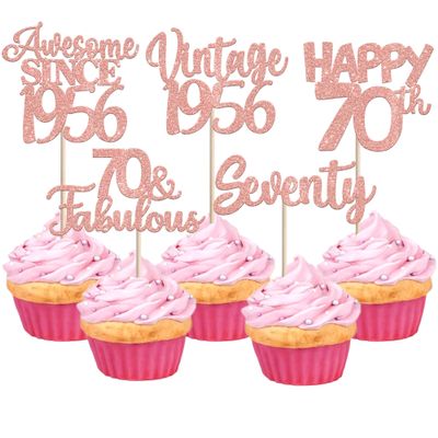 30PCS Vintage 1956 Cupcake Toppers Glitter Seventy 70 Fabulous Happy 70th Birthday Cupcake Picks Cheers to 70 Years for 70th Birthday Anniversary Party Cake Decorations Supplies Rose Gold