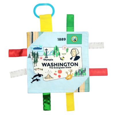 Baby Jack & Co 8x8 Learning Lovey Washington State Tag Stroller Toy for Babies - Crinkle Toys for Developing Five Senses - Learn About Capitals - Travel with Baby Jack - BPA Free Clip