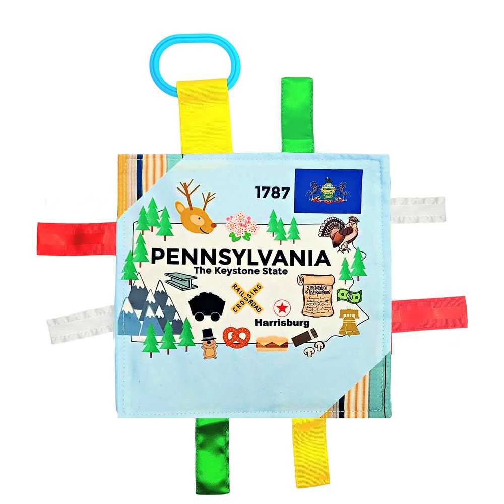 Baby Jack & Co 8x8 Learning Lovey Pennsylvania State Tag Stroller Toy for Babies - Crinkle Toys for Developing Five Senses - Learn About Capitals - Travel with Baby Jack - BPA Free Clip
