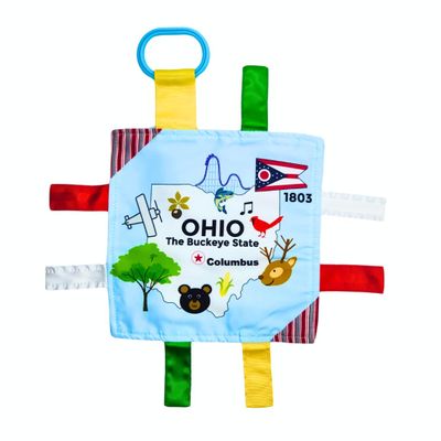Baby Jack & Co 8x8 Learning Lovey Ohio State Tag Stroller Toy for Babies - Crinkle Toys for Developing Five Senses - Learn About Capitals - Travel with Baby Jack - BPA Free Clip