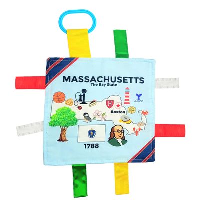 Baby Jack & Co 8x8 Learning Massachusetts State Tag Stroller Toy for Babies - Crinkle Toys for Developing Five Senses - Learn About Capitals - Travel with Baby Jack - BPA Free Clip