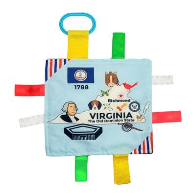 Baby Jack & Co 8x8 Learning Lovey Virginia State Tag Stroller Toy for Babies - Crinkle Toys for Developing Five Senses - Learn About Capitals - Travel with Baby Jack - BPA Free Clip