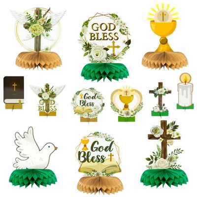 ANGOLIO 12PCS Cross Shaped Honeycomb Decorations - Floral Baptism Table Centerpieces for Christian Celebrations, Baby Shower & Religious Party Supplies