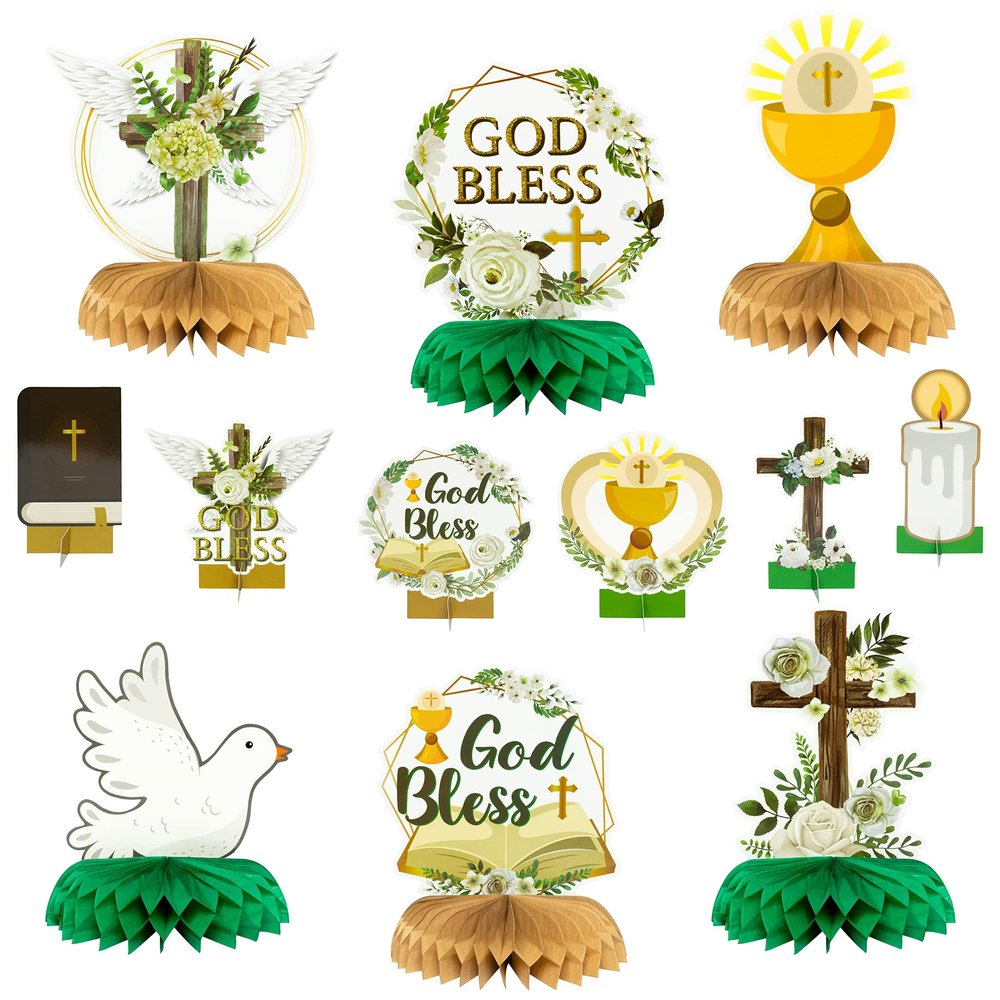 ANGOLIO 12PCS Cross Shaped Honeycomb Decorations - Floral Baptism Table Centerpieces for Christian Celebrations, Baby Shower & Religious Party Supplies