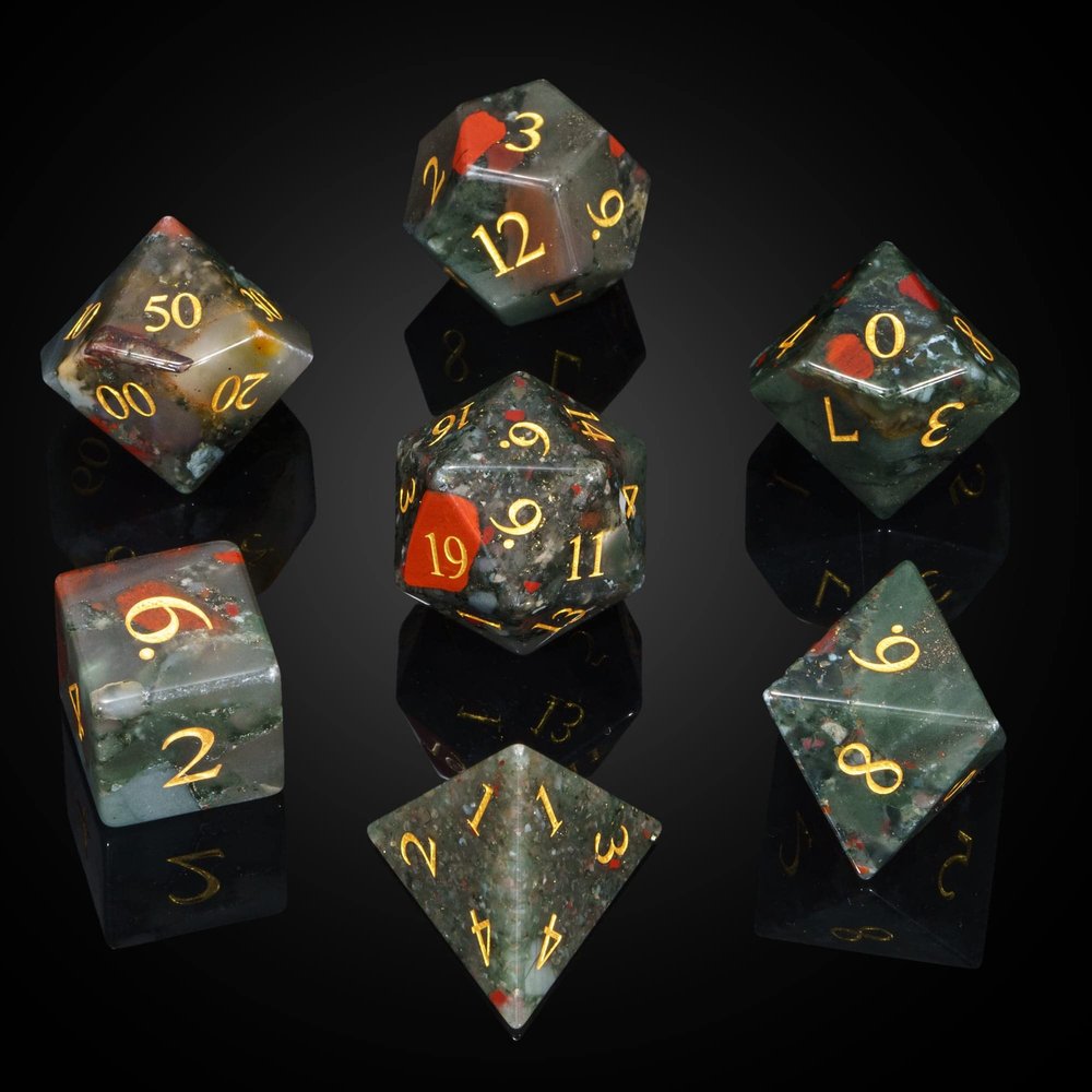 UDIXI Stone DND Dice Set, 7PCS Bloodstone Gemstone Dice Real Stone with Gift Case for D&D and Tabletop Games