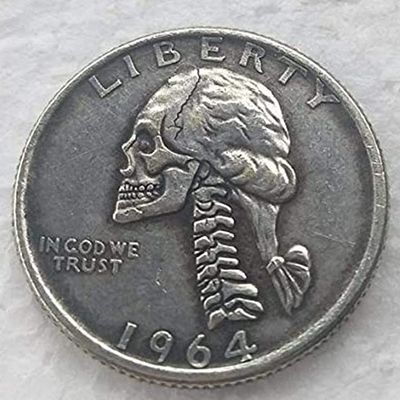Rare USA United States 1964D Washington Quarter Dollar Skull Zombie Skeleton Antique Restrike Silver Color Coin. Discover Now!