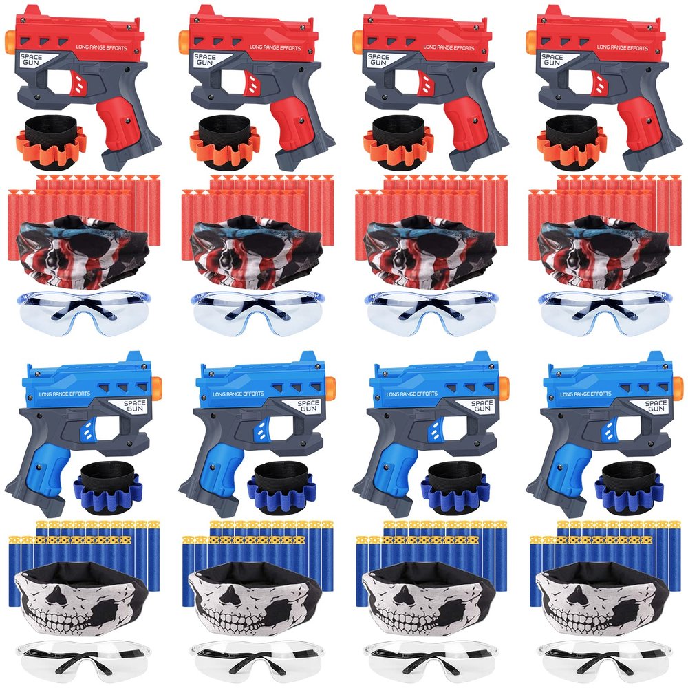 TiopLior Party Favors Compatible with Nerf Party, 8 Sets Gun Parties Favors for Birthday Pack Included Mini Foam Pistols, 160 Foam Bullets, Safety Glasses, Wrist Belt Band, Face Masks