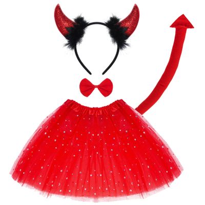 Jmkcoz Halloween Devil Costume Tutu Set for Devil Horn Headband Red Devil Tail Bowtie Tutu Skirt Demon Hair Hoop Accessories for Carnival Cosplay Party Prop