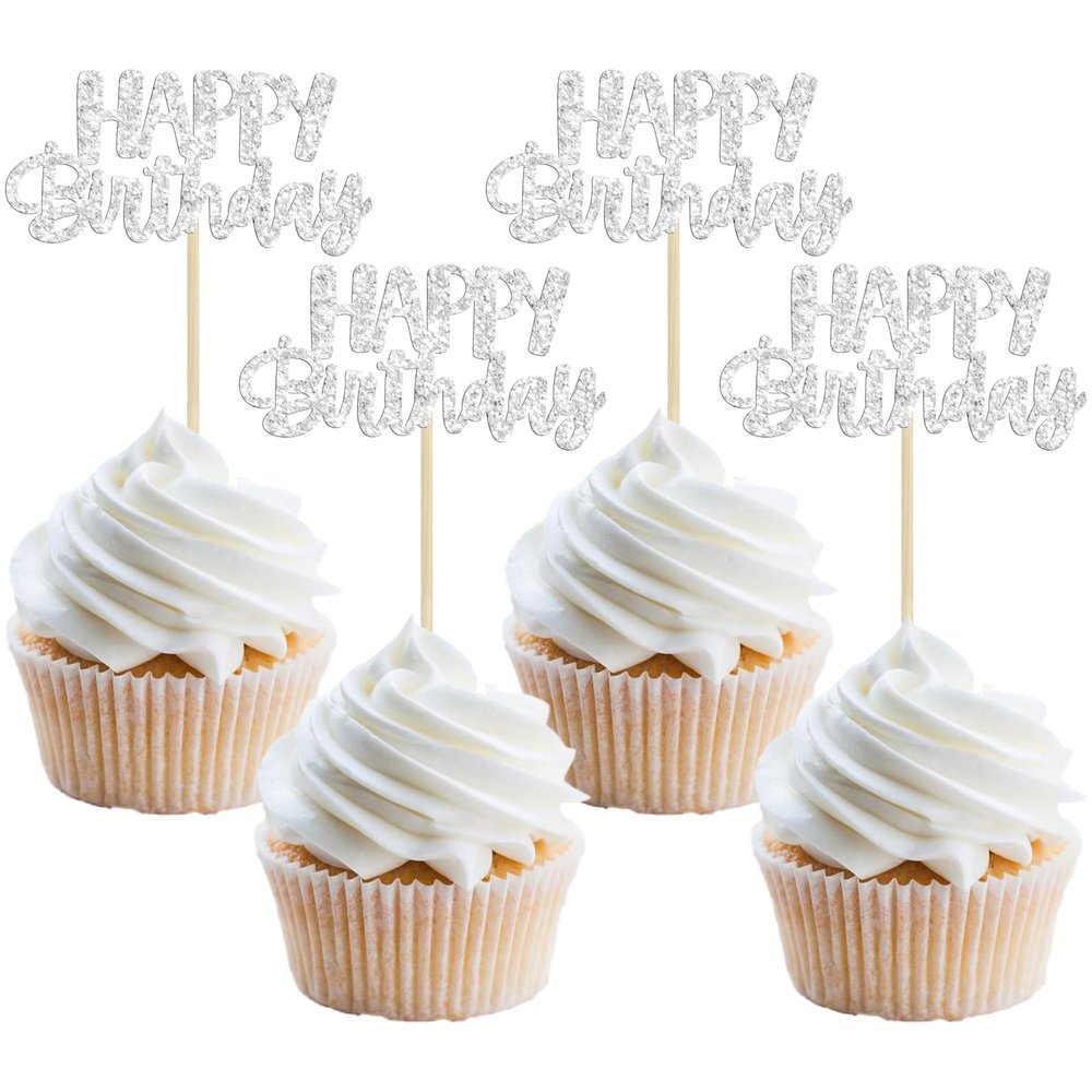 Gyufise 24 Pcs Happy Birthday Cupcake Toppers - Silver Glitter Cake Decorations Picks for Celebrations