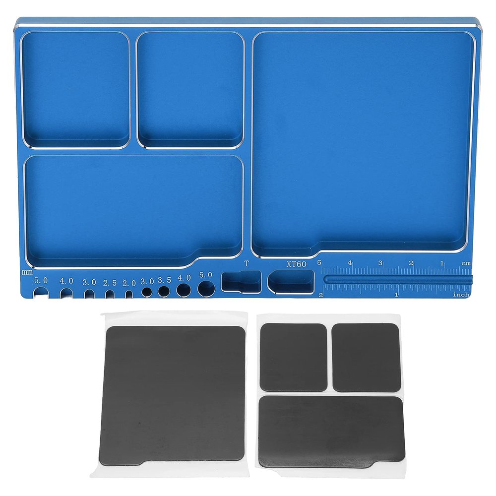 Dilwe RC Aluminium Alloy Magnetic Screw Tray with Pad for RC Model Toy Repair, Electronic Repair Kit Tool Organizer (Blue)