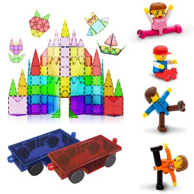 PicassoTiles 100PC Magnet Tiles + 2 Cars + 4 Family People Action Figures Expansion Bundle: STEAM Educational Playset for Creative, Fun and Learning Construction Play, Pretend Play Toy for Kids