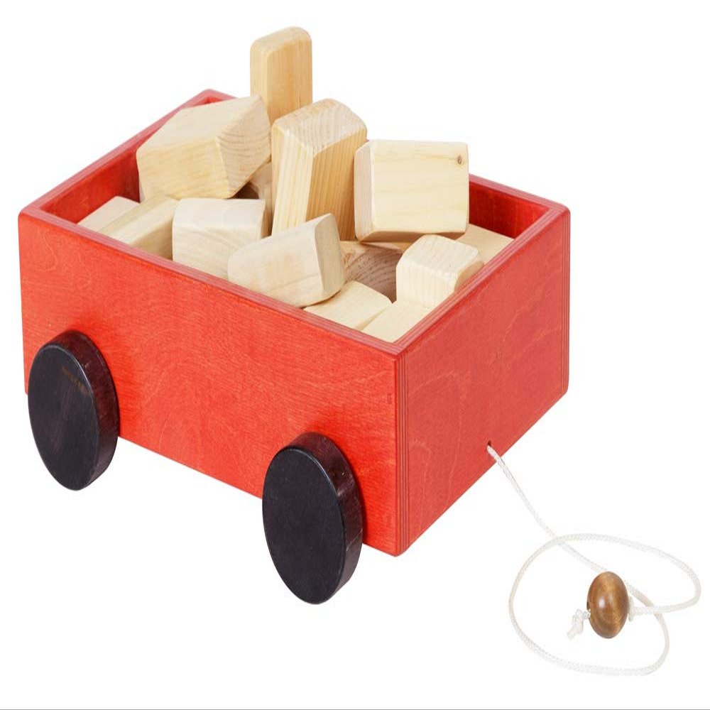 AmishToyBox.com Wooden Toddler Pull Wagon Toy with 24 Wood Building Blocks (Red Stain)