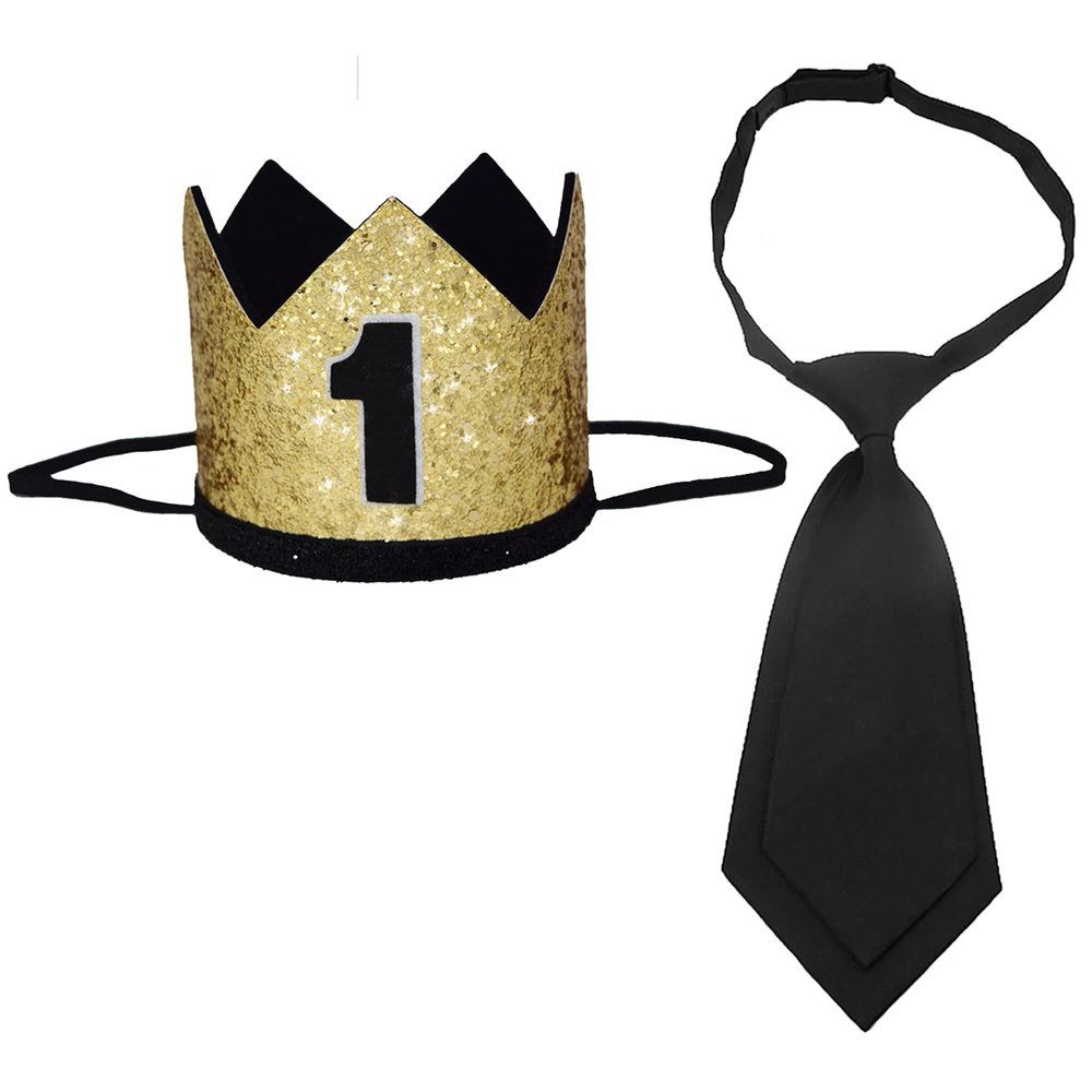 Maticr Glitter First Birthday Crown Baby Boy 1st Bday Party Hat Cake Smash Photo Prop (Black Gold 1 & Tie)