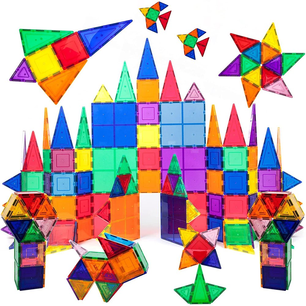 PicassoTiles Magnetic Tile 16pc + 100pc + 4 Family Action Figures, Magnetic Building Block Set Geometry Shape, Magnetic 3D Building Blocks Playboards, Expansion Pack Add-on STEM Toys Pretend Playset