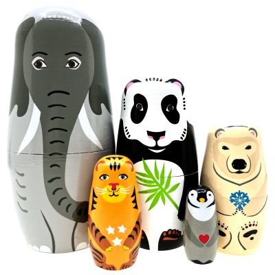 Kakeah Long-Nosed Elephant Nesting Dolls Wooden Matryoshka Russian Doll Handmade Stacking Toy Set 5 Pieces for Kids