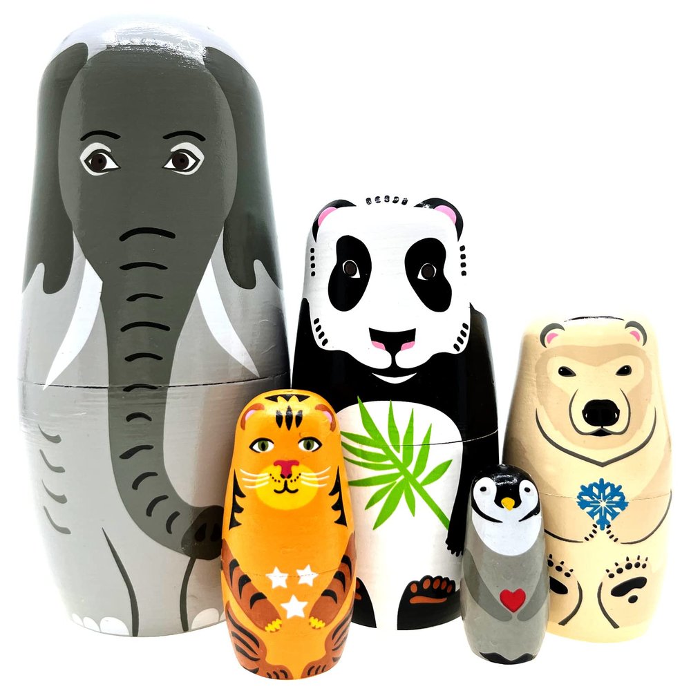 Kakeah Long-Nosed Elephant Nesting Dolls Wooden Matryoshka Russian Doll Handmade Stacking Toy Set 5 Pieces for Kids