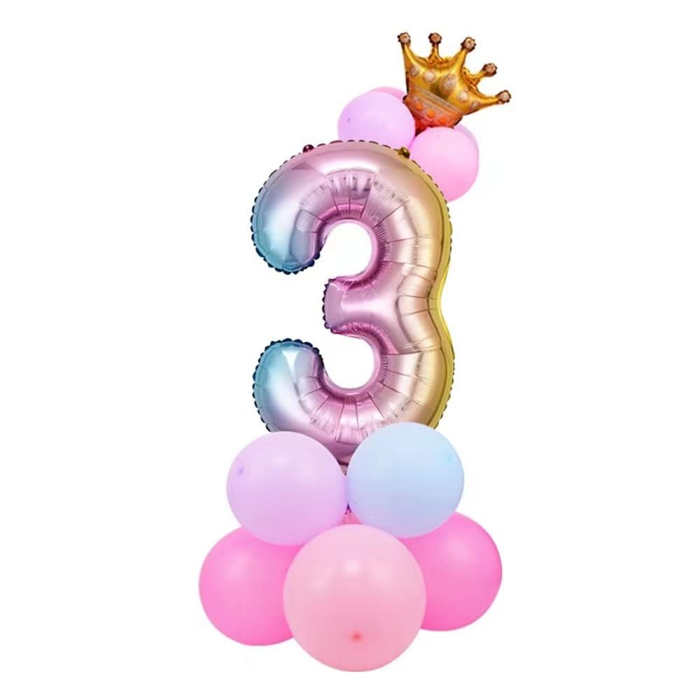 32 inch Aluminum Foil Rainbow Gradient Number 3 Crown Balloon, Giant Aluminum Foil Number 3 Balloon, Birthday Balloon, 3rd Children's Birthday Party Baby Shower Decoration Supplies (Rainbow gradient 3)