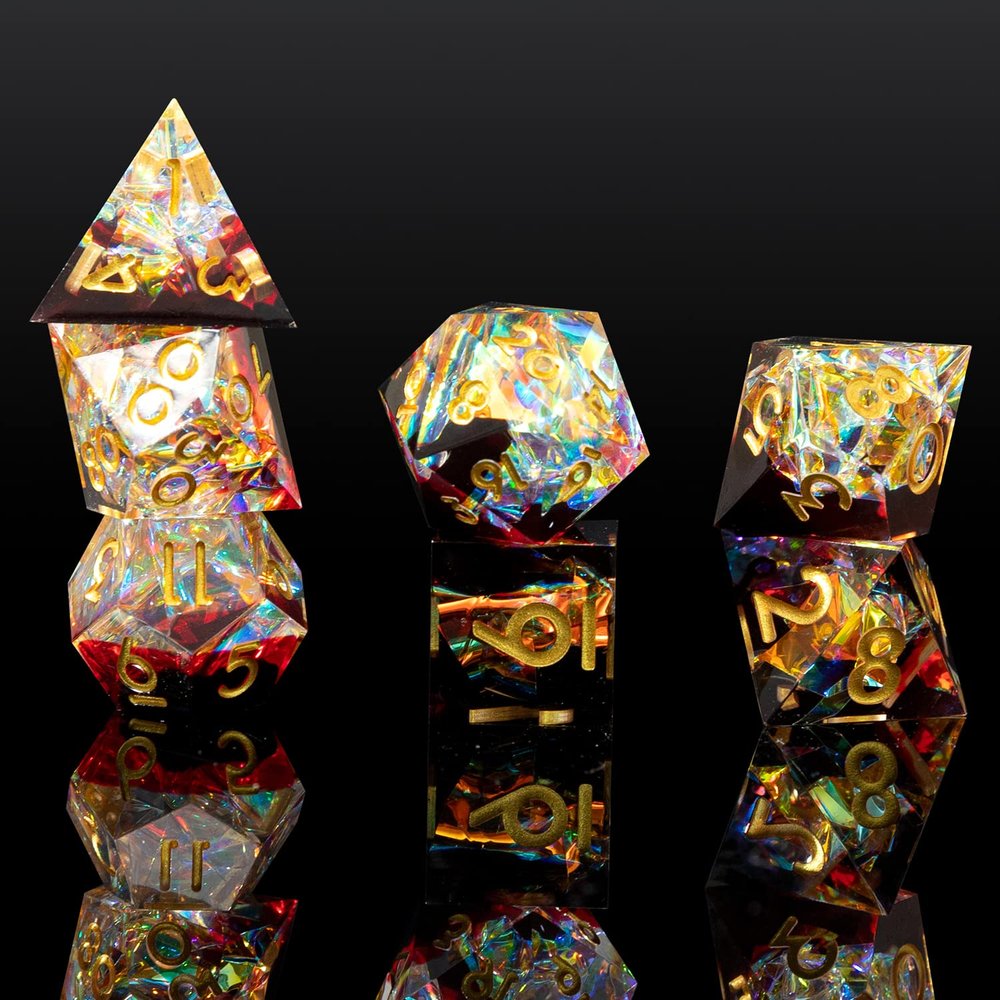 Sharp Edge DND Dice Set Handmade 7 Accessories Dice for Dungeons and Dragons TTRPG Games, Multi-Sided RPG Polyhedral Resin Sharp Edge Dice Roleplaying Games (Sequin Red)