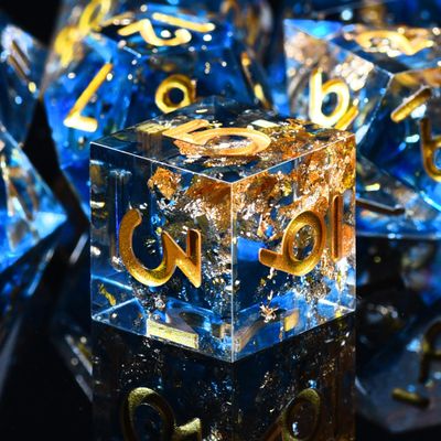 AUSTOR 7-Die DND Dice Set Handmade Sharp Edge Polyhedral Dice for Dungeons and Dragons RPG MTG Table GamesTranlucent Blue with Glod Sequins
