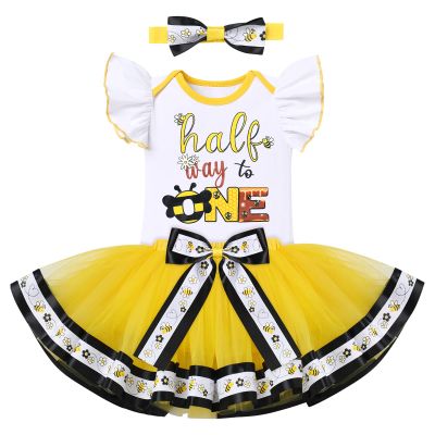 Baby Girls Bee Half 1/2 Birthday Outfit Bumble Bee dress Romper Tutu Skirt Headband Bow Tutu Dress 3PCS Clothes Set for Cake Smash Photo Prop Yellow Bee - Half Way to One 6 Months