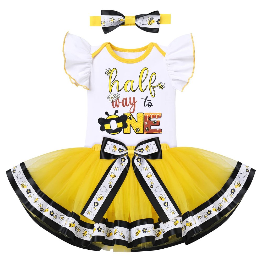 Baby Girls Bee Half 1/2 Birthday Outfit Bumble Bee dress Romper Tutu Skirt Headband Bow Tutu Dress 3PCS Clothes Set for Cake Smash Photo Prop Yellow Bee - Half Way to One 6 Months