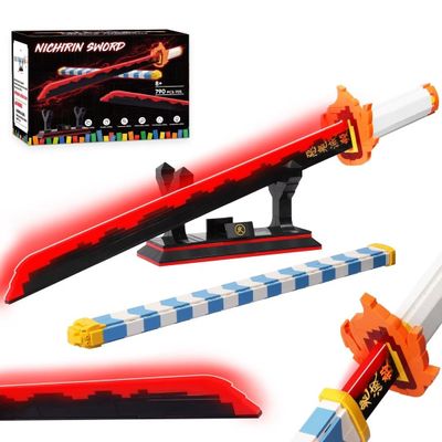 Jorumo Sword Building Set, 27in Rengoku Kyoujurou Sword with Scabbard and Stand, Cosplay Anime Toy Block for Collecting 790 Pieces, Luminous
