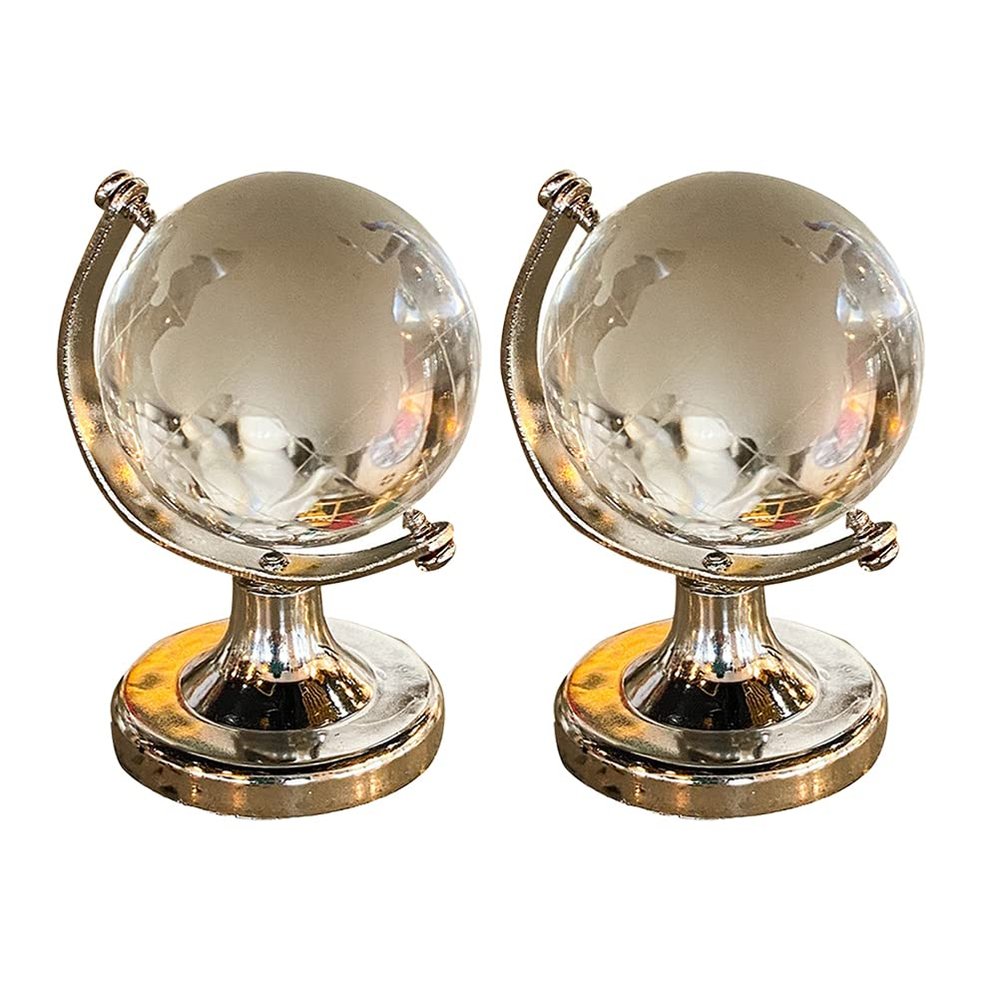 LIFKOME 2Pcs Mini Round Crystal Earth Globe, Crystal Ball Glass Sphere Display Globe 3D Crystal Sphere with Stand World Globe Model Designed Desktop Ornament (2.36X1.38X1.38inch