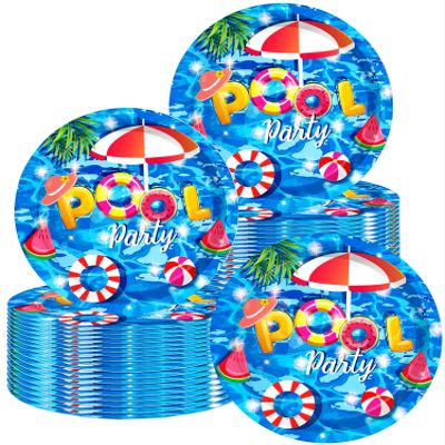 50 Pcs Pool Party Tableware Plates,Pool Party Supplies Beach Party Supplies,7"Summer Pool Party Paper Plates for Summer Beach Theme Pool Birthday Party Decorations