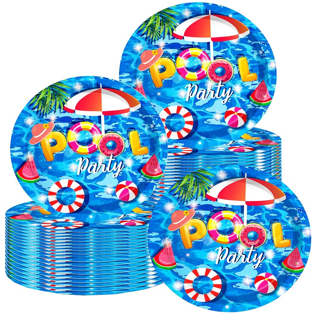 50 Pcs Pool Party Tableware Plates,Pool Party Supplies Beach Party Supplies,7"Summer Pool Party Paper Plates for Summer Beach Theme Pool Birthday Party Decorations