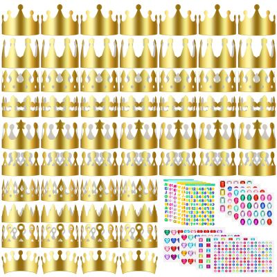 Meanplan 50 Pieces Gold Paper Crowns Birthday Crowns DIY Craft Kit for Princess Prince with 28 Sheets Gem Jewels Number Letter Stickers for Boy Girls Adults Birthday Party Favor Supplies Decoration