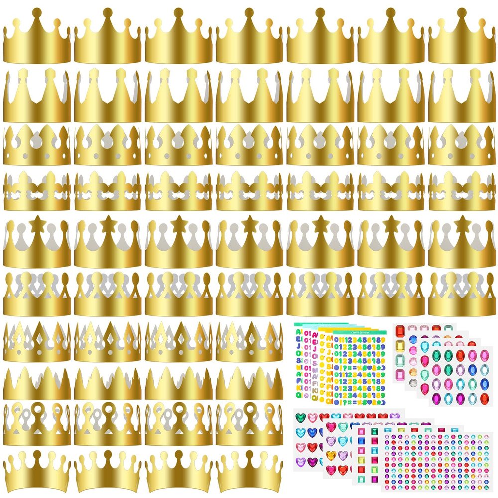 Meanplan 50 Pieces Gold Paper Crowns Birthday Crowns DIY Craft Kit for Princess Prince with 28 Sheets Gem Jewels Number Letter Stickers for Boy Girls Adults Birthday Party Favor Supplies Decoration