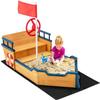 HONEY JOY Pirate Ship Kids Sandbox, Wooden Sand Box w/Storage Bench, Seat, Ground Liner, Sandpit Boat w/Rudder, Buoy, Realistic Flag, Children Outdoor Furniture for Backyard, Lawn, Garden view 1