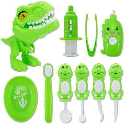 10PCS Plastic Dinosaur Simulation Dentist Play Set Animal Animation Medical Kit Pretend Toy for Kids Hygienic Habbit Cultivation Role Play Game for Children 4 Colors Simple OPP Bag Packaging (Green)