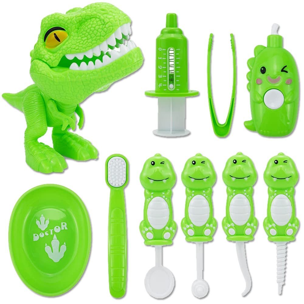 10PCS Plastic Dinosaur Simulation Dentist Play Set Animal Animation Medical Kit Pretend Toy for Kids Hygienic Habbit Cultivation Role Play Game for Children 4 Colors Simple OPP Bag Packaging (Green)