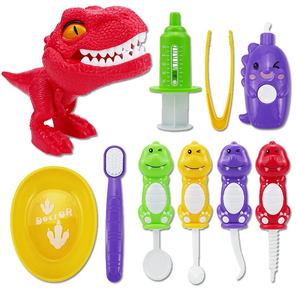 10PCS Plastic Dinosaur Simulation Dentist Play Set Animation Medical Kit Pretend Toy for Kids Hygienic Habbit Cultivation Role Play Game for Children 5 models 4 colors OPP Bag Packaging (Mixed Colors)