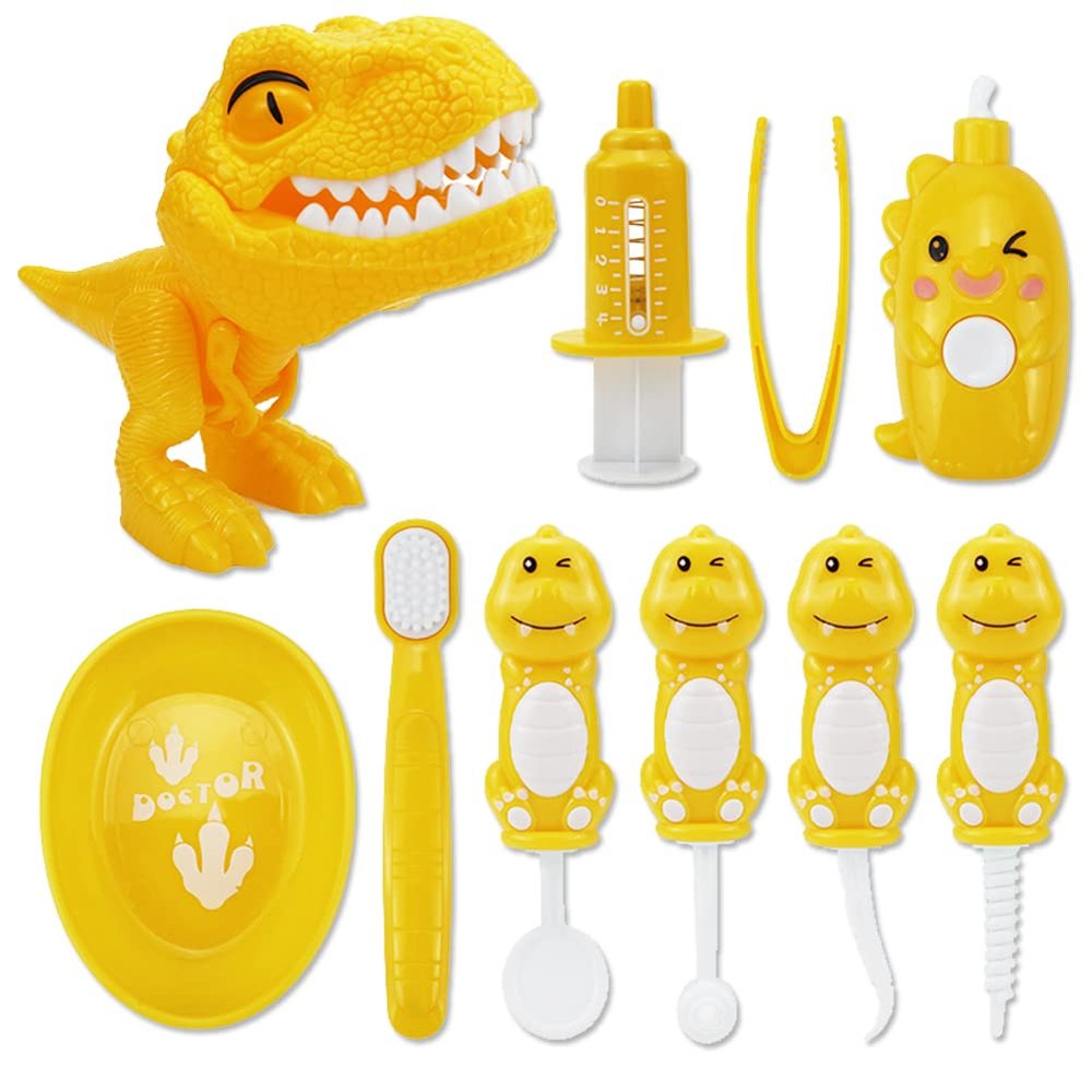 OPTSPTOY 10PCS Plastic Dinosaur Simulation Dentist Play Set Animation Medical Kit Pretend Toy for Kids Hygienic Habbit Cultivation Role Play Game for Children 5 Models OPP Bag Packaging (Yellow)