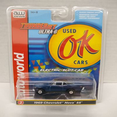Auto World SC377-2A OK Used Cars 1969 Nova SS HO Scale Electric Slot Car - Blue