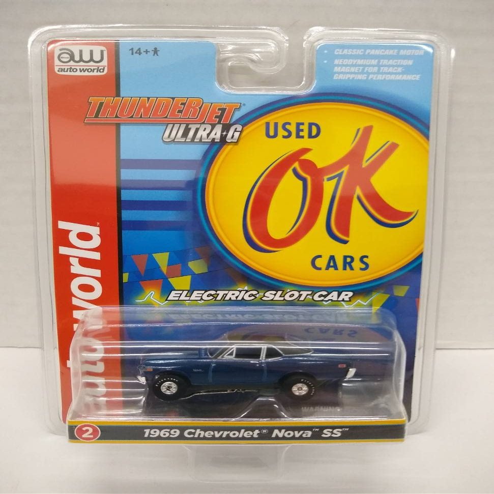 Auto World SC377-2A OK Used Cars 1969 Nova SS HO Scale Electric Slot Car - Blue