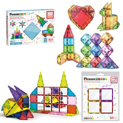 PicassoTiles 80PC Magnetic Diamond Tiles + 12PC Mirror Building Blocks Expansion Bundle: STEAM Learning & Educational Sensory Playset for Preschool and Kindergarten Kids Ages 3+, Great Gift Idea