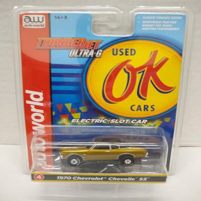 Auto World SC377-4A OK Used Cars 1970 Chevelle SS HO Scale Electric Slot Car - Gold