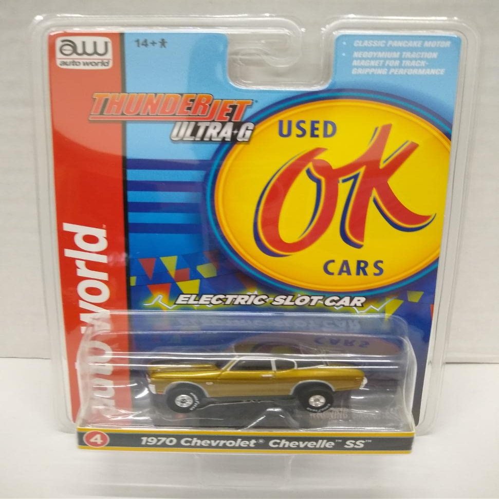 Auto World SC377-4A OK Used Cars 1970 Chevelle SS HO Scale Electric Slot Car - Gold