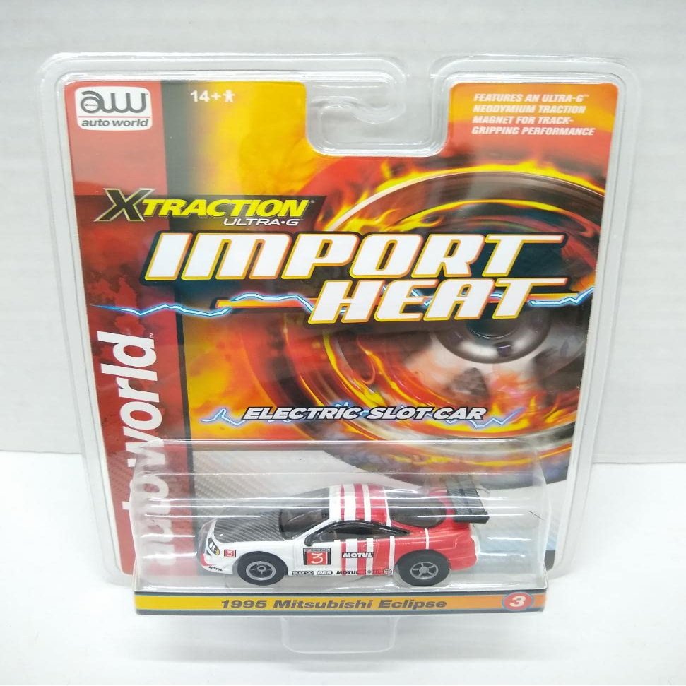 Auto World SC378-3A Import Heat 1995 Mitsubishi Eclipse HO Scale Electric Slot Car - White and Red