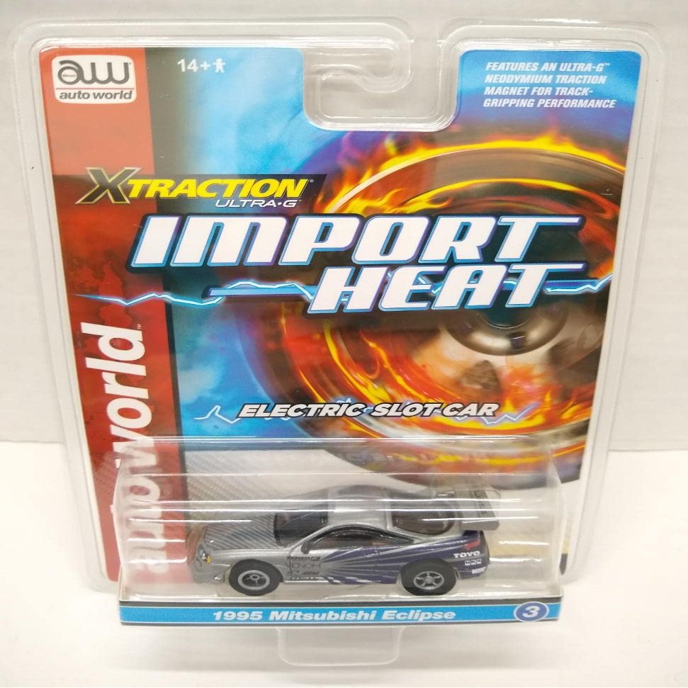 Auto World SC378-3B Import Heat 1995 Mitsubishi Eclipse HO Scale Electric Slot Car - Silver and Blue
