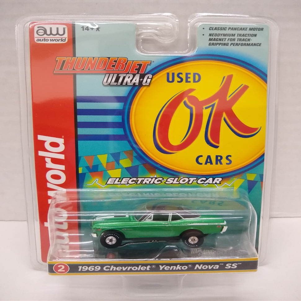 Auto World SC377-2B OK Used Cars 1969 Nova SS HO Scale Electric Slot Car - Green