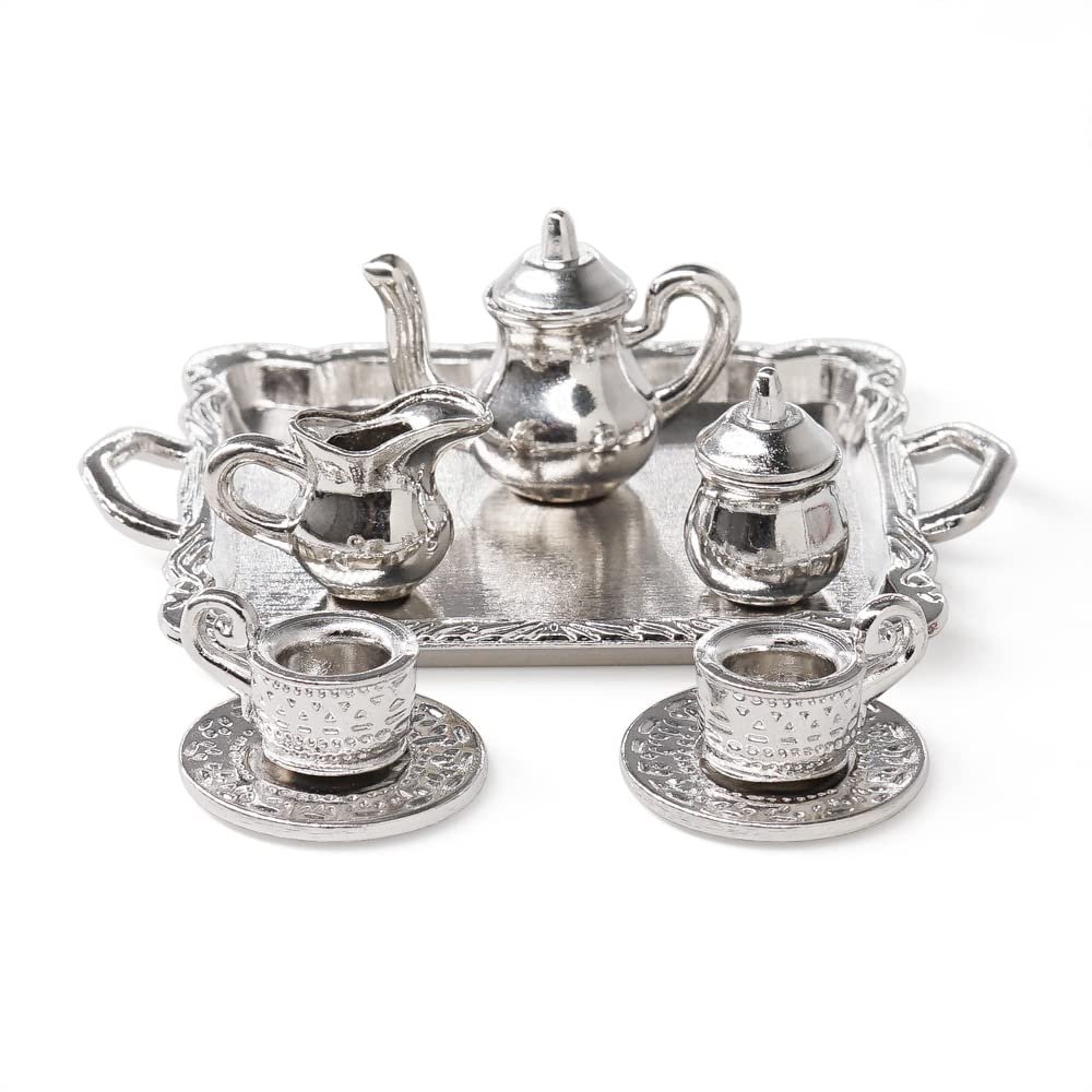 Odoria 1/12 Miniature Tea Set 8Pcs Dollhouse Decoration Accessories, Silver