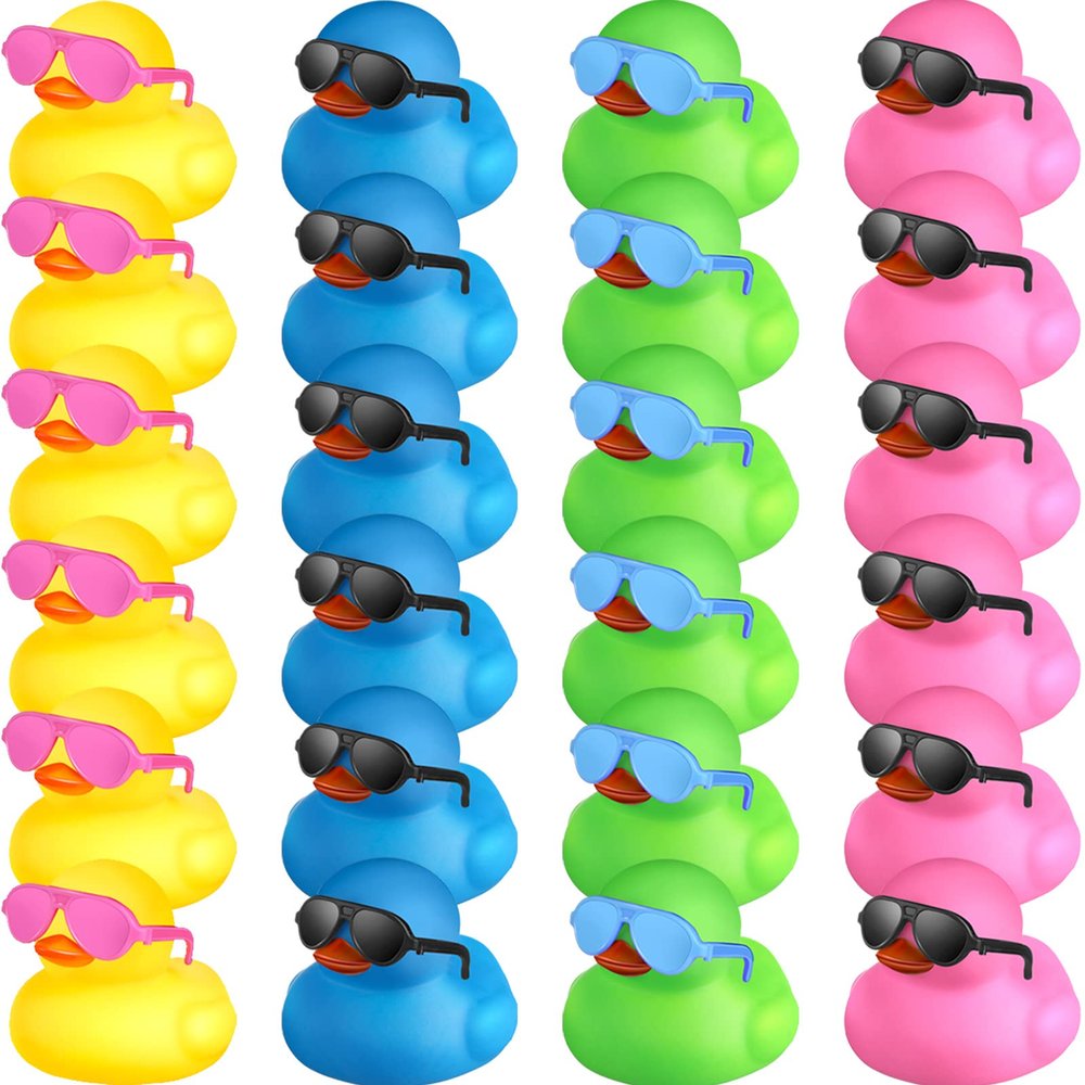 24 Pcs Mini Rubber Ducks with Sunglasses, Rubber Ducks in Bulk Valentine Bathtub Toys for Cruise Valentines Kids Classroom Gift Exchange(Eyeglasses,Yellow, Blue, Pink, Black, Green)