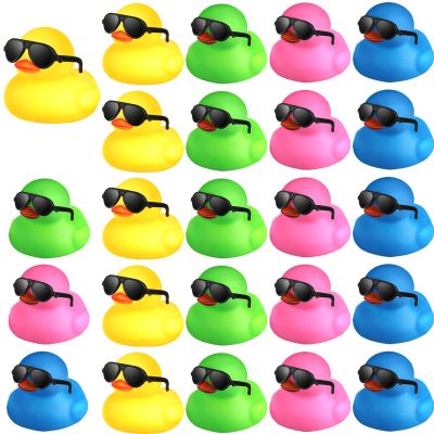 24 Pcs Mini Rubber Ducks with Sunglasses, Rubber Ducks in Bulk Valentine Bathtub Toys for Cruise Valentines Kids Classroom Gift Exchange(Eyeglasses,Mixed Colors)