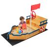 Costzon Pirate Boat Wood Sandbox for Kids, Wooden Pirate Sandpit w/Bench Seat, Storage Space, Ground Liner, Realistic Flag Rudder Buoy, Children Outdoor Playset for Backyard, Home, Lawn, Garden view 1