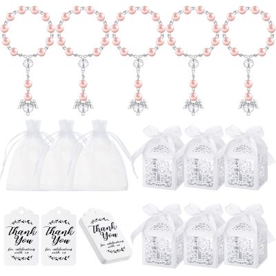 100 Pieces Baptism Rosary Sets Includes 25 Mini Baptism Rosary with Angel, 25 Favor Boxes, 25 Organza Bags and 25 Thank Kraft Tags for Wedding Baby Shower Decor(Pink with Sliver)