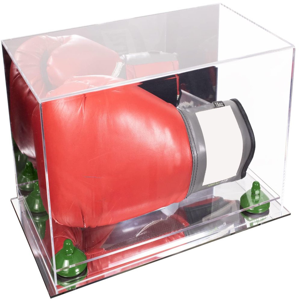Better Display Cases Acrylic Boxing Glove Display Case with Mirror Case, Green Risers and Mirror Base (A011/V16)